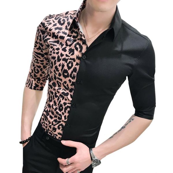2019 men's summer shirts casual slim fit half sleeve shirt leopard patchwork night club party work shirt, White;black
2019 men's summer shirts casual slim fit half sleeve shirt leopard patchwork night club party work shirt, White;black
