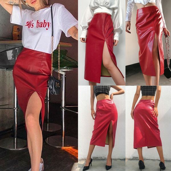 red faux leather high split pencil skirt for women high waist zipper slim mid-calf skirts, Black
red faux leather high split pencil skirt for women high waist zipper slim mid-calf skirts, Black