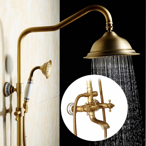 

Antique Rain Shower Faucets Set with Hand Brass Wall Mounted Shower Mixer for Bathroom Bath Luxury Rainfall Shower Set