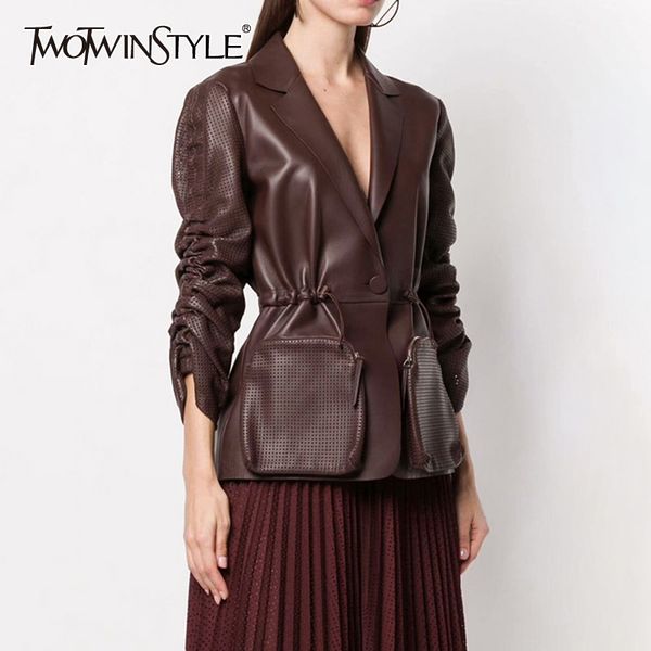 twotwinstyle pu leather ruched women's coat puff sleeve notched pocket drawstring high waist female coat 2019 autumn fashion new, Black
twotwinstyle pu leather ruched women's coat puff sleeve notched pocket drawstring high waist female coat 2019 autumn fashion new, Black