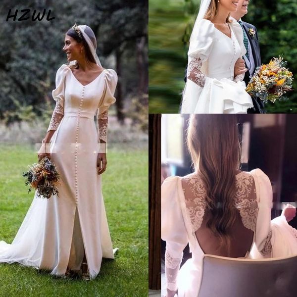 long sleeves wedding dresses with buttons lace appliques deep v neck vestido de novia backless bridal dress, White
long sleeves wedding dresses with buttons lace appliques deep v neck vestido de novia backless bridal dress, White