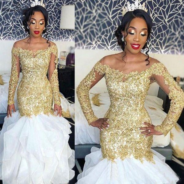 african mermaid wedding dresses gold lace appliques sheer neck bateau neck long sleeve tiered bridal gowns wedding dress vestido de noiva, White
african mermaid wedding dresses gold lace appliques sheer neck bateau neck long sleeve tiered bridal gowns wedding dress vestido de noiva, White