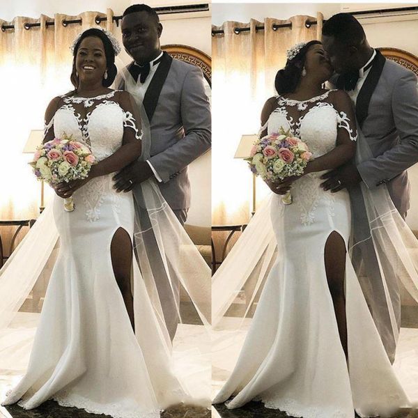 split mermaid wedding dresses 2019-2020 sheer neck lace appliques plus size bridal gowns zipper back wedding dress, White
split mermaid wedding dresses 2019-2020 sheer neck lace appliques plus size bridal gowns zipper back wedding dress, White