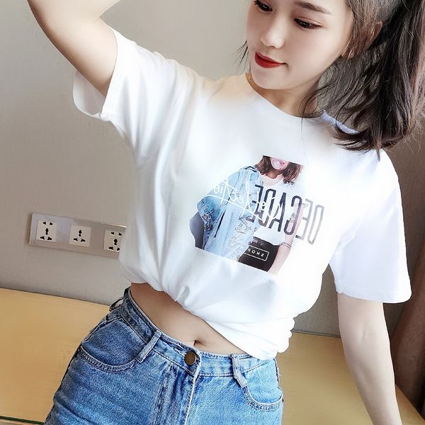 2020 all-match loose thin t-shirt letter character printing round collar short sleeve t-shirt women's wear, White
2020 all-match loose thin t-shirt letter character printing round collar short sleeve t-shirt women's wear, White