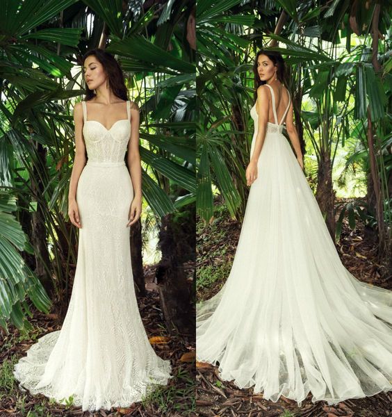 2019 mermaid lace beach wedding dresses bohemian spaghetti neck sweep train beads wedding gowns bridal dress vestidos de nnovia, White
2019 mermaid lace beach wedding dresses bohemian spaghetti neck sweep train beads wedding gowns bridal dress vestidos de nnovia, White