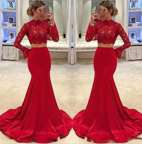 red two piece evening dresses 2019 long sleeves high neck mermaid lace appliques satin formal prom party gowns arabic dubai vestidos, Black
red two piece evening dresses 2019 long sleeves high neck mermaid lace appliques satin formal prom party gowns arabic dubai vestidos, Black