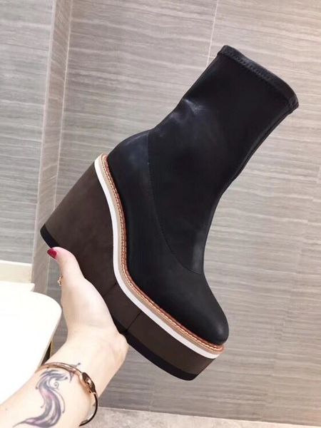 new arrival round toe platform high wedge women pumps genuine leather stretch fabric spring and autumn short boots, Black
new arrival round toe platform high wedge women pumps genuine leather stretch fabric spring and autumn short boots, Black
