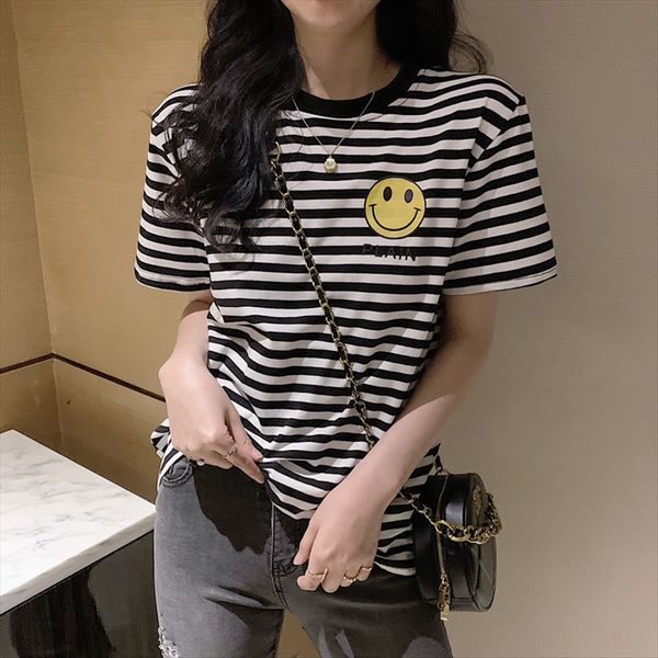 2020 slim simple style all-match classic striped short sleeve smiling face t-shirt women's base shirt fashion, White
2020 slim simple style all-match classic striped short sleeve smiling face t-shirt women's base shirt fashion, White