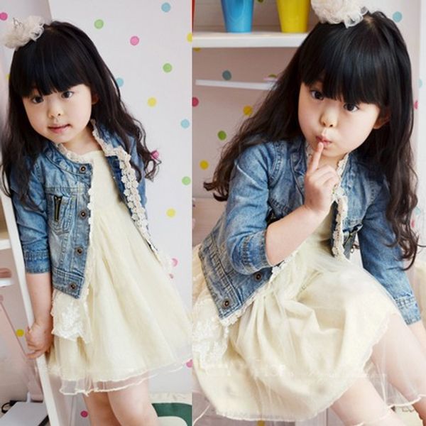 

2019 girls jean jackets kids lace coat long sleeve button denim jackets for girls 2-7y new, Blue;gray