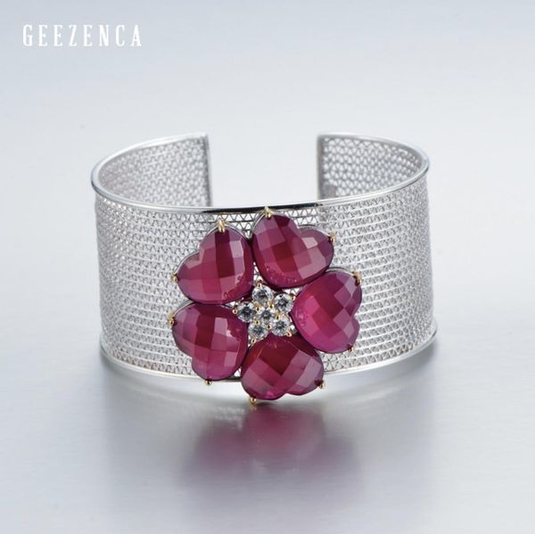925 silver gemstones handmade craft wide bangle with red corundum zircon heart-shaped flower big bangles fine jewelry for women, Golden;silver
925 silver gemstones handmade craft wide bangle with red corundum zircon heart-shaped flower big bangles fine jewelry for women, Golden;silver