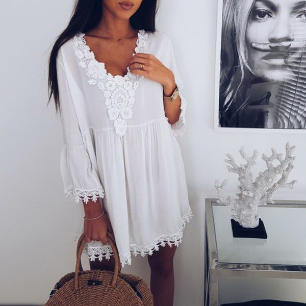 white women's dress lace patchwork 3/4 sleeve v neck straight dress loose casual summer mini vestido sj1594r, Black;gray
white women's dress lace patchwork 3/4 sleeve v neck straight dress loose casual summer mini vestido sj1594r, Black;gray