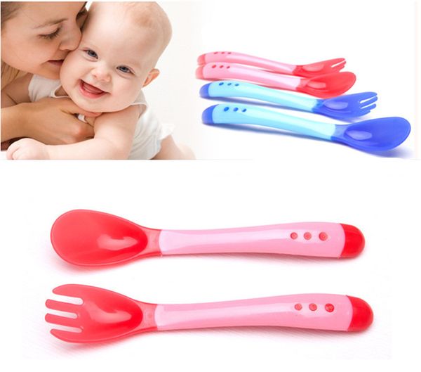 2pcs/lot children utensil temperature sensing baby spoon fork set baby feeding