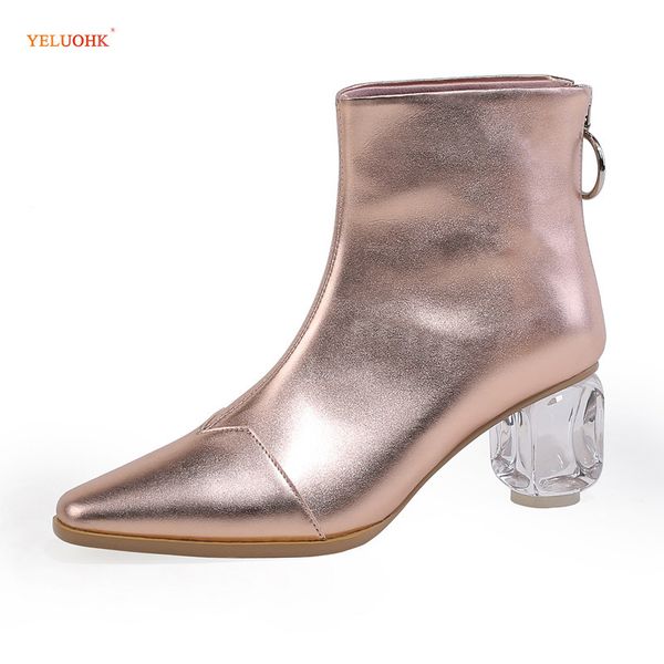 

165 women's ankle boots pointed toes zip unique heel sheep leather spring autumn zipper high heel gold silver 34-39, Black