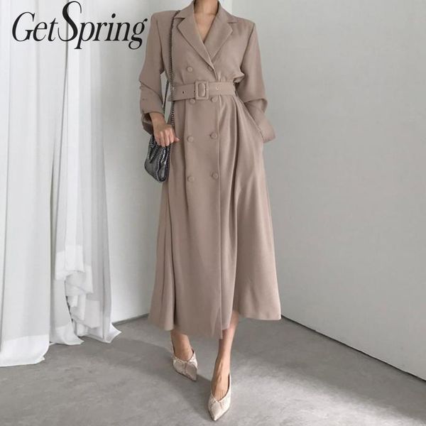 

getspring women trench coat khaki black double breasted long trench coats vintage fashion turndown collar coats women overcoat, Tan;black