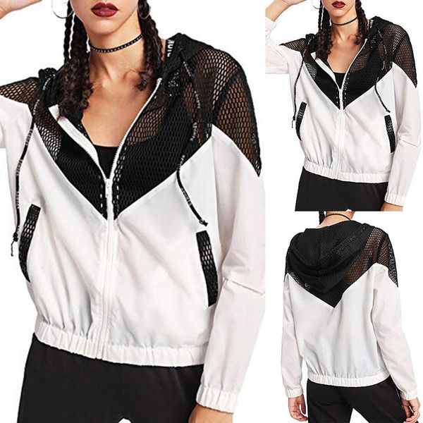 spring autumn sports women mesh patchwork long sleeve loose hooded jacket coat, Black;white
spring autumn sports women mesh patchwork long sleeve loose hooded jacket coat, Black;white