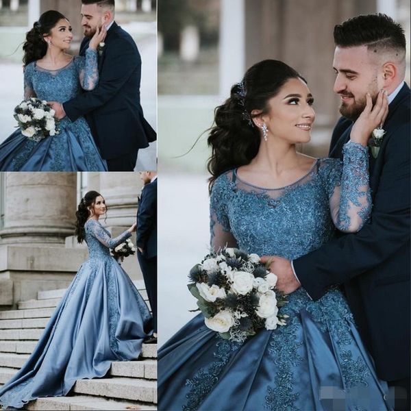 2019 blue ball gown wedding dresses long illusion sleeves lace applique beaded scoop neck custom made chapel wedding gown vestido de novia, White
2019 blue ball gown wedding dresses long illusion sleeves lace applique beaded scoop neck custom made chapel wedding gown vestido de novia, White
