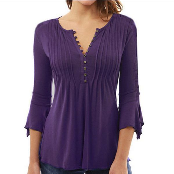 women solid casual shirt ladies v-neck 3/4 sleeve slim blouse button decor, White
women solid casual shirt ladies v-neck 3/4 sleeve slim blouse button decor, White