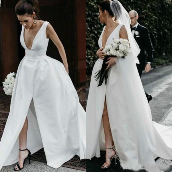 deep v neck satin wedding dresses simple long split front backless bridal dress sleeveless wedding gowns beach vestidos, White
deep v neck satin wedding dresses simple long split front backless bridal dress sleeveless wedding gowns beach vestidos, White