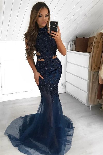 navy blue mermaid prom formal dresses 2019 high neck halter lace beaded full length cutside occasion evening wear gowns, Black
navy blue mermaid prom formal dresses 2019 high neck halter lace beaded full length cutside occasion evening wear gowns, Black