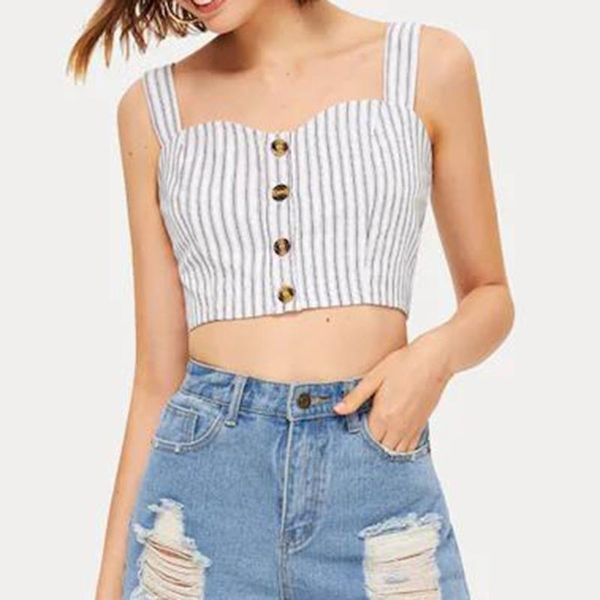 fashion summer women striped sleeveless strapless tank cropped buttons vest casual clothes streetwear#p3, White
fashion summer women striped sleeveless strapless tank cropped buttons vest casual clothes streetwear#p3, White