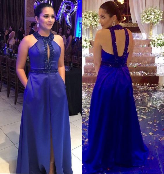 royal blue satin formal evening dress sparkly beaded halter o-neck keyhole front long evening gowns with pockets front slit prom dresses, Black;red
royal blue satin formal evening dress sparkly beaded halter o-neck keyhole front long evening gowns with pockets front slit prom dresses, Black;red