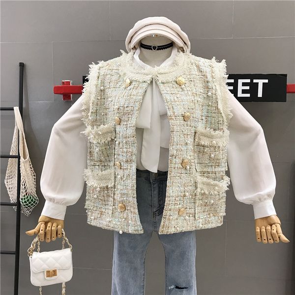 2019 new autumn tweed vest women's pearl beads thin double-breasted woolen sleeveless jacket female students coat, Black;white
2019 new autumn tweed vest women's pearl beads thin double-breasted woolen sleeveless jacket female students coat, Black;white