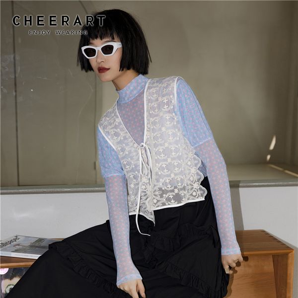 cheerart mesh lace transparent sleeveless blouse women summer cardigan smocked v neck tie front clothes, White
cheerart mesh lace transparent sleeveless blouse women summer cardigan smocked v neck tie front clothes, White