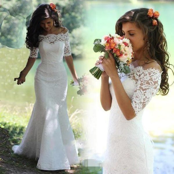 off the shoulder mermaid wedding dresses lace applique short sleeves sweep train plus size country wedding gown vestido de novia, White
off the shoulder mermaid wedding dresses lace applique short sleeves sweep train plus size country wedding gown vestido de novia, White