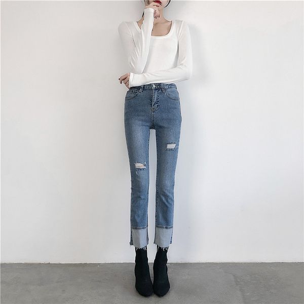 high comfort2019 spring trousers cotton ankle-length pants high broken hole skinny women's jeans flare pants, Blue
high comfort2019 spring trousers cotton ankle-length pants high broken hole skinny women's jeans flare pants, Blue