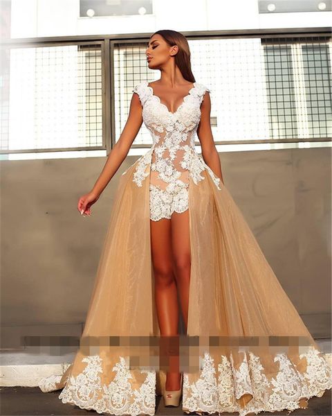 2020 champagne detachable train organza mini prom dresses high low white appliques deep v neck backless formal party gowns robe de soiree, Black
2020 champagne detachable train organza mini prom dresses high low white appliques deep v neck backless formal party gowns robe de soiree, Black