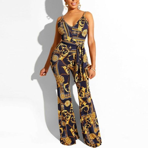 

new women clubwear jumpsuits lady vogue chain print summer playsuit sleeveless v neck belt romper flare jumpsuit trousers 2020, Black;white