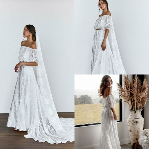 lace bohemian wedding dresses off the shoulder appliqued a line sweep train beach wedding gowns half sleeve two pieces boho bridal dress, White
lace bohemian wedding dresses off the shoulder appliqued a line sweep train beach wedding gowns half sleeve two pieces boho bridal dress, White
