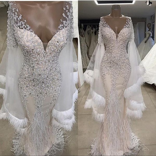 feather beaded mermaid wedding dresses luxury sparkly v neck long sleeves bridal gowns plus size custom made wedding dress, White
feather beaded mermaid wedding dresses luxury sparkly v neck long sleeves bridal gowns plus size custom made wedding dress, White
