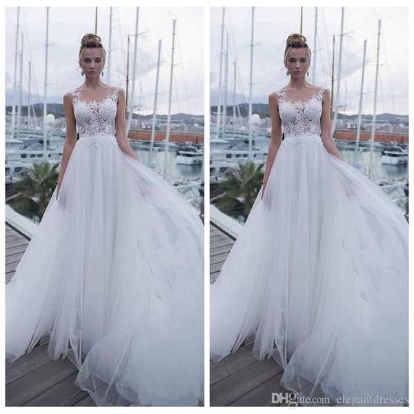 white sheer lace appliques wedding dresses a-line sweep train tulle garden sleeveless bridal gowns formal robe de soiree customized
white sheer lace appliques wedding dresses a-line sweep train tulle garden sleeveless bridal gowns formal robe de soiree customized