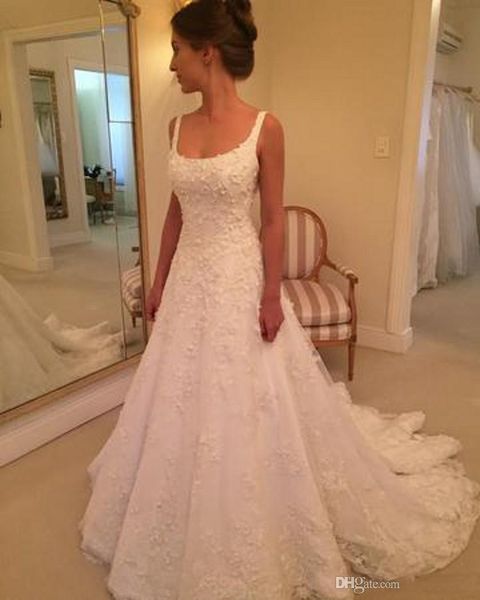 spaghetti square neck lace appliques wedding dresses backless tiered skirts bridal gowns sweep train slessless wedding gowns, White
spaghetti square neck lace appliques wedding dresses backless tiered skirts bridal gowns sweep train slessless wedding gowns, White