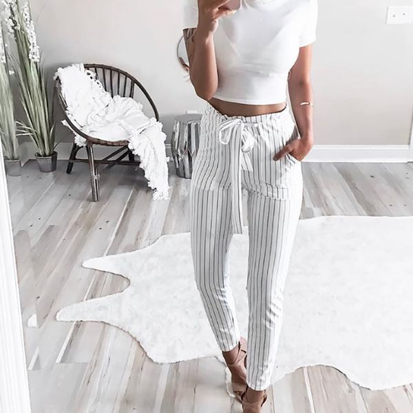 casual drawstring waist striped high waist tapered pants spring women straight ankle-length trousers black white 6q2540
casual drawstring waist striped high waist tapered pants spring women straight ankle-length trousers black white 6q2540