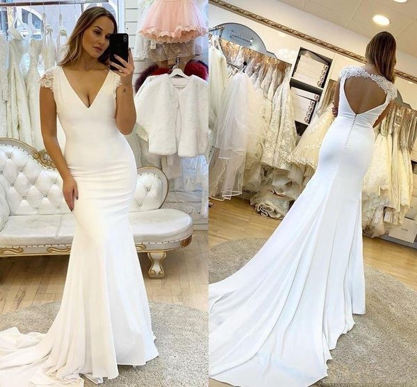 beach mermaid wedding dresses deep v neck cap sleeve hollow back sweep train appliques country garden bridal gowns vestidos de novia b5, White
beach mermaid wedding dresses deep v neck cap sleeve hollow back sweep train appliques country garden bridal gowns vestidos de novia b5, White