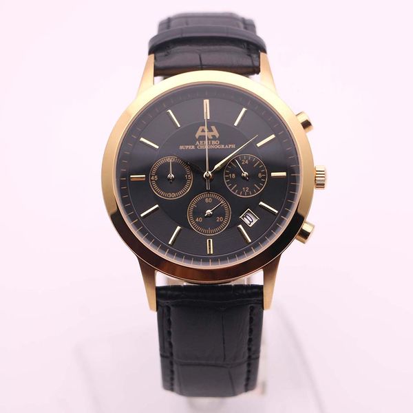 Factory Supplier Aehibo Quartz Stainless Steel Analog 43mm Black Dial Mens Watches Hardlex Date Wristwatches Alligator Strap Casual Watch