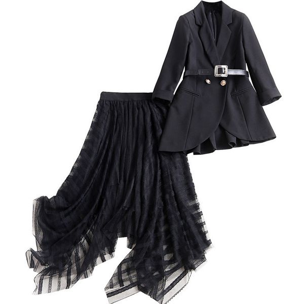 2020 women black blazer mesh irregular skirt suit office wear formal blazer jacket women formal 2 piece set, White;black