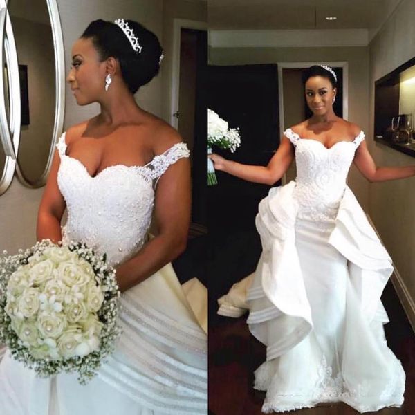 off the shoulder sweetheart mermaid wedding bridal gowns with tiered skirt train beaded applique lace bridal gown african wending dresses, White
off the shoulder sweetheart mermaid wedding bridal gowns with tiered skirt train beaded applique lace bridal gown african wending dresses, White