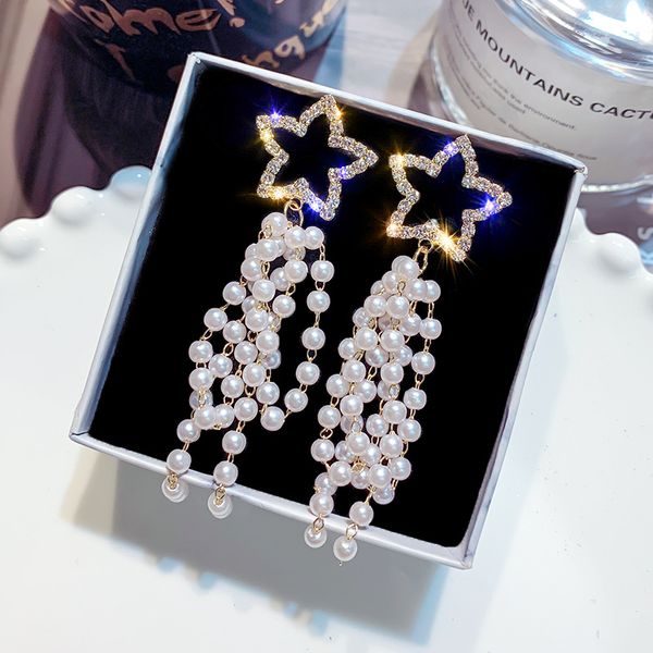 2019 korean selling fashion jewelry crystal five-pointed star earrings elegant white pearl tassel earrings for women, Silver
2019 korean selling fashion jewelry crystal five-pointed star earrings elegant white pearl tassel earrings for women, Silver