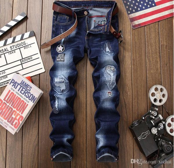 fashion mens ripped badge straight leg dark blue jeans slim fit designer washed embroidery biker denim pants streetwear cj928
fashion mens ripped badge straight leg dark blue jeans slim fit designer washed embroidery biker denim pants streetwear cj928