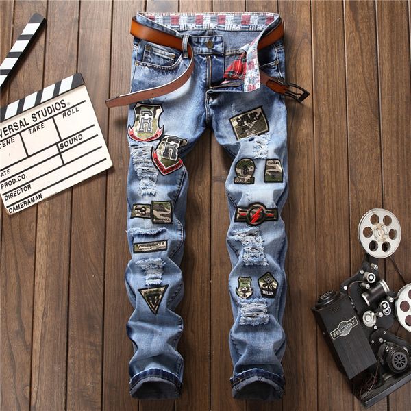 fashion street designer broken men biker denim jeans pants embroidered blue straight slim trousers size 29-38
fashion street designer broken men biker denim jeans pants embroidered blue straight slim trousers size 29-38