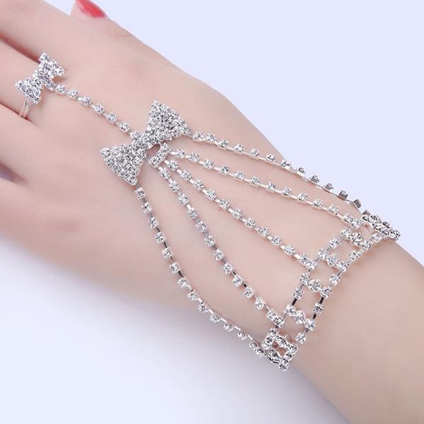2pcs fashion women rhinestone bowknot ring multi-layer bracelet bridal jewelry, Silver