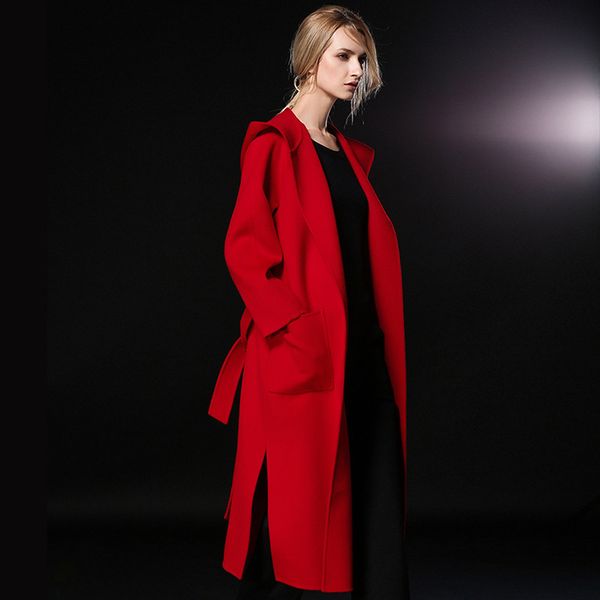 long woolen blends cashmere coats for women 2019 autumn winter ladies jackets plus size overcoats red double sided, Black