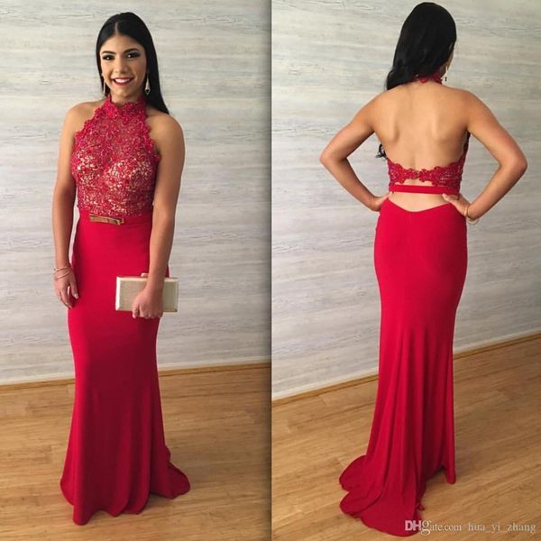 2017 red lace appliques prom dresses halter sleeveless hollow backless with belt sheath evening gowns, Black
2017 red lace appliques prom dresses halter sleeveless hollow backless with belt sheath evening gowns, Black