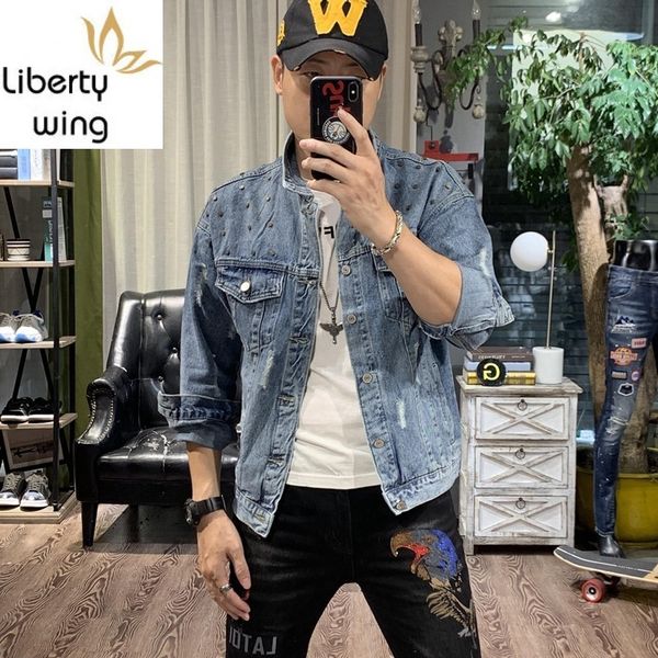 spring autumn long sleeve single breasted mens denim jackets korean rivet hole ripped slim fit male coats plus size streetwear, Black;brown
spring autumn long sleeve single breasted mens denim jackets korean rivet hole ripped slim fit male coats plus size streetwear, Black;brown