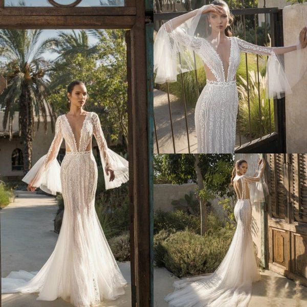 julie vino 2020 bohemian mermaid wedding dresses deep v neck lace appliqued backless sweep train long sleeve bridal gowns, White
julie vino 2020 bohemian mermaid wedding dresses deep v neck lace appliqued backless sweep train long sleeve bridal gowns, White