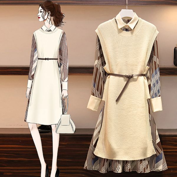 office lady autumn matching set outfit two piece set slim waist printed shirt dress and mini knitted vest dress women 2 pcs suit, White
office lady autumn matching set outfit two piece set slim waist printed shirt dress and mini knitted vest dress women 2 pcs suit, White