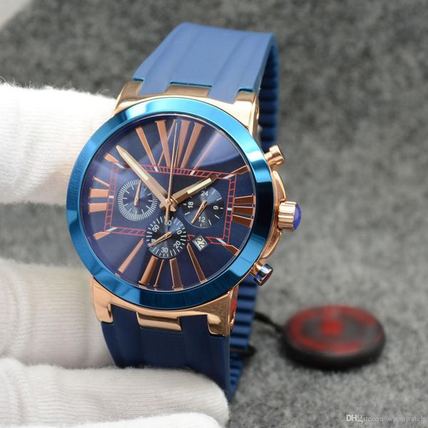 43mm extraordinary design ceramic bezel men watch chronograph quartz roman number markers outdoor mens watches with blue rubber band, Slivery;brown
43mm extraordinary design ceramic bezel men watch chronograph quartz roman number markers outdoor mens watches with blue rubber band, Slivery;brown
